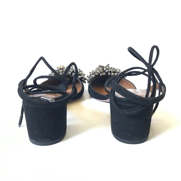 Aquazzura Monaco Pumps 50 Heels Womens 37 7 Black Suede Crystals Lace Up Sandals - Picture 8 of 12
